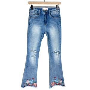 Driftwood Roxy Jeans Womens 25 Embroidered Mid Rise Kick Flare Raw Hem Stretch